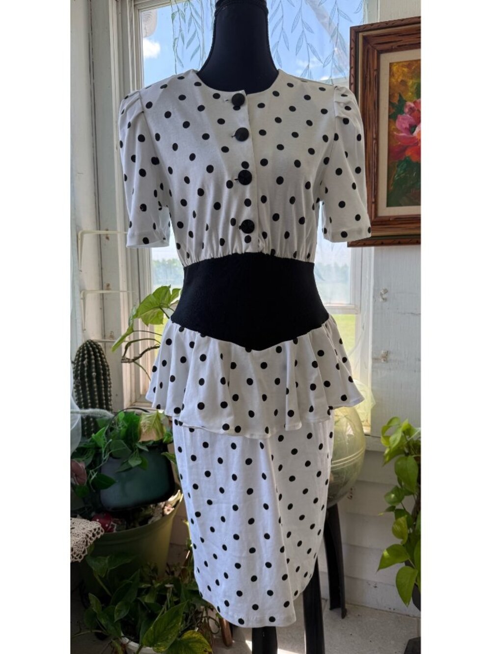 Vintage 1980s Black & White Polka Dot Peplum Dress Size L Retro